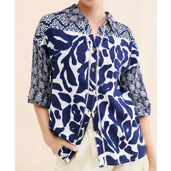 Anthropologie Tops - By Anthropologie Printed Linen Blend Buttondown Shirt Top Sz 2X Beach Nautical